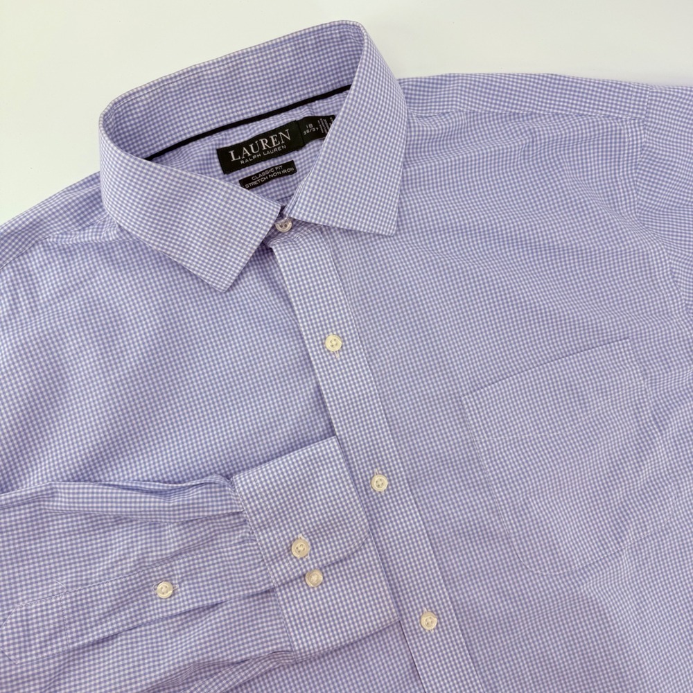 Lauren Ralph Lauren Mens Dress Shirt 18 36/37 Purple Gingham Classic Fit Stretch - Picture 1 of 15